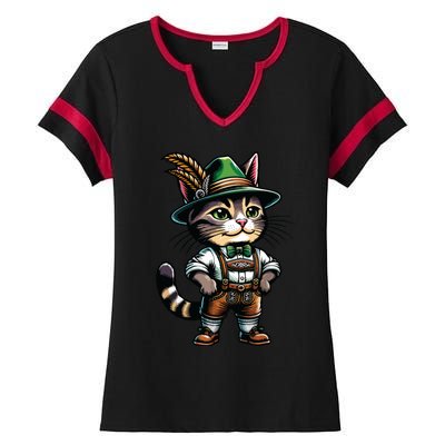 Oktoberfest Cat Funny German Bavarian Lederhosen Cat Lover Ladies Halftime Notch Neck Tee