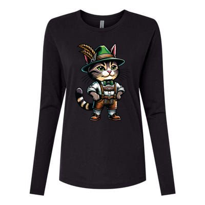 Oktoberfest Cat Funny German Bavarian Lederhosen Cat Lover Womens Cotton Relaxed Long Sleeve T-Shirt