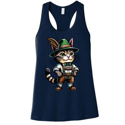 Oktoberfest Cat Funny German Bavarian Lederhosen Cat Lover Women's Racerback Tank