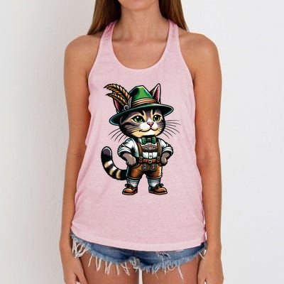 Oktoberfest Cat Funny German Bavarian Lederhosen Cat Lover Women's Knotted Racerback Tank