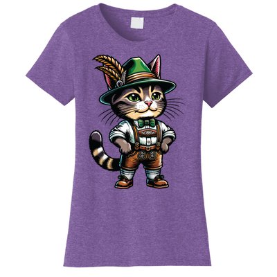 Oktoberfest Cat Funny German Bavarian Lederhosen Cat Lover Women's T-Shirt