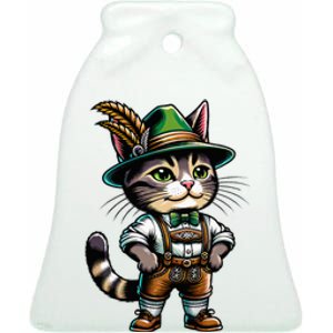 Oktoberfest Cat Funny German Bavarian Lederhosen Cat Lover Ceramic Bell Ornament