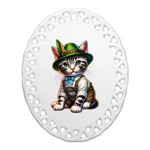 Oktoberfest Cat Funny German Bavarian Lederhosen Cat Lover Ceramic Oval Ornament