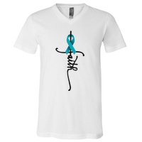 Ovarian Cancer Faith Ovarian Cancer Awareness Support V-Neck T-Shirt