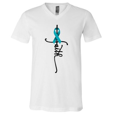 Ovarian Cancer Faith Ovarian Cancer Awareness Support V-Neck T-Shirt