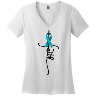 Ovarian Cancer Faith Ovarian Cancer Awareness Support Women's V-Neck T-Shirt