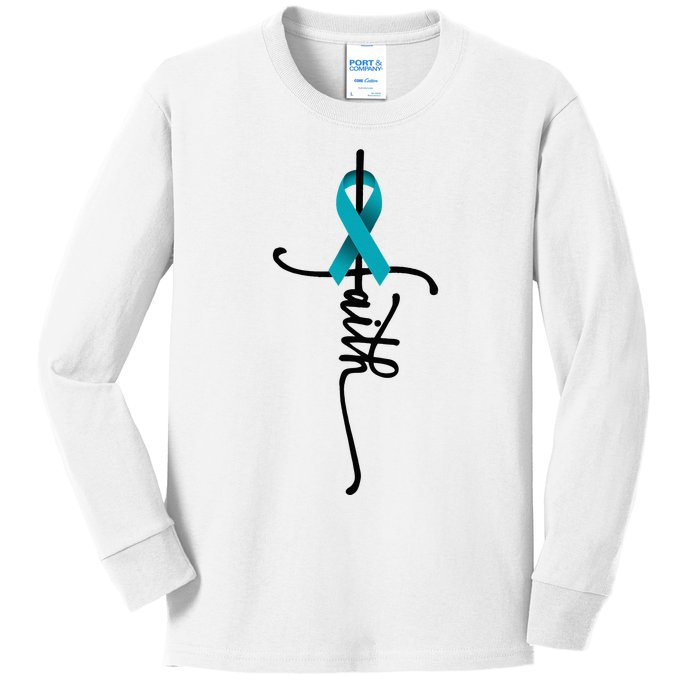 Ovarian Cancer Faith Ovarian Cancer Awareness Support Kids Long Sleeve Shirt