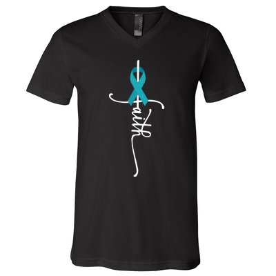 Ovarian Cancer Faith Ovarian Cancer Awareness V-Neck T-Shirt