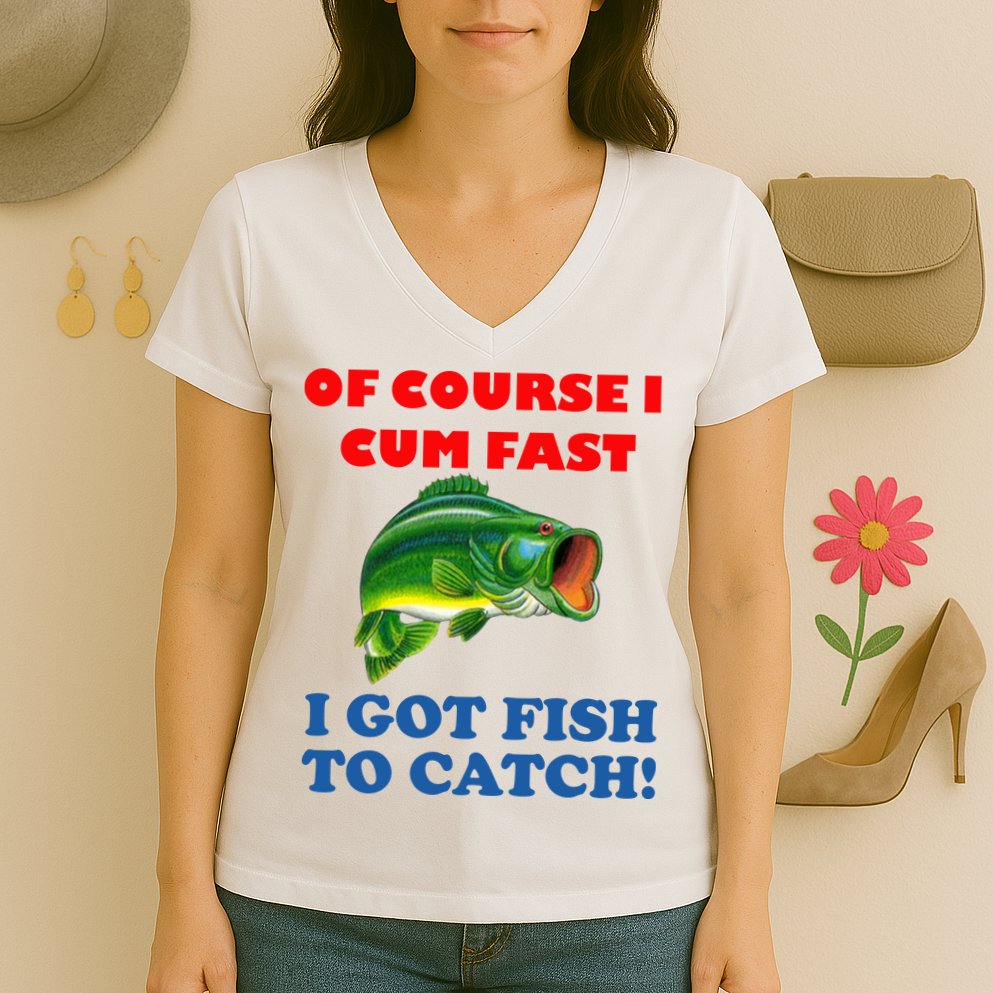 Of Course I Cum Fast I Got Fish To Catch Women's V-Neck T-Shirt