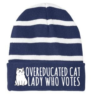 Overeducated Cat Lady Who Votes Kamala Harris 2024 Striped Beanie with Solid Band