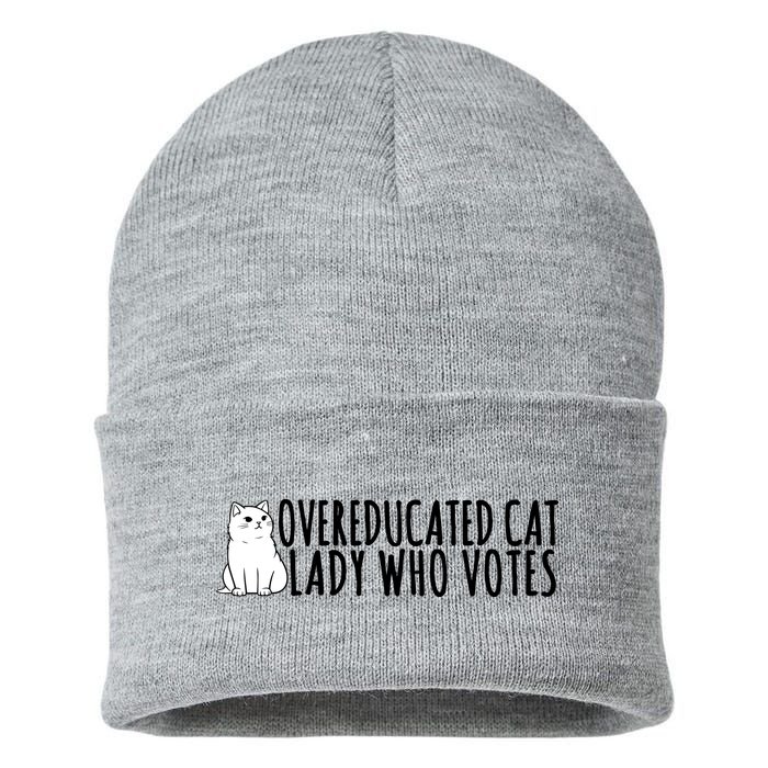 Overeducated Cat Lady Who Votes Kamala Harris 2024 Sustainable Knit Beanie