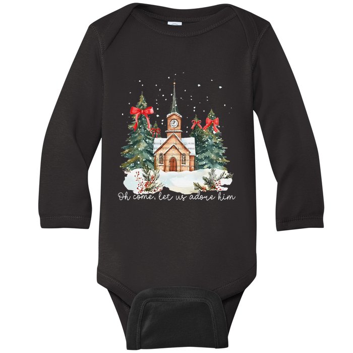 Oh Come Let Us Adore Him Jesus Christmas Christian Coquette Baby Long Sleeve Bodysuit