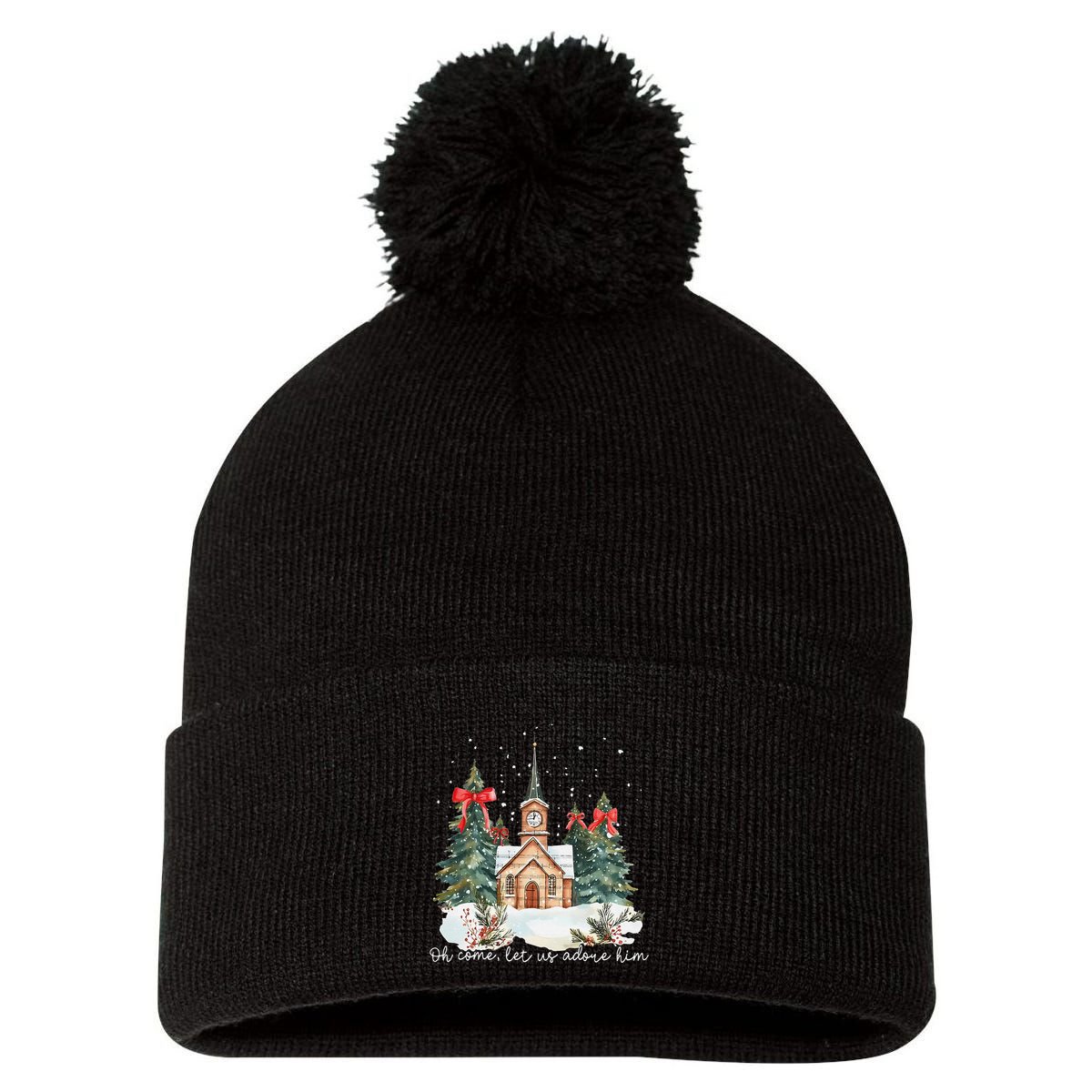 Oh Come Let Us Adore Him Jesus Christmas Christian Coquette Pom Pom 12in Knit Beanie