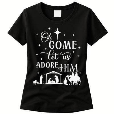 Oh Come Let Us Adore Him Christian Nativity Vintage Xmas Womens T-Shirt
