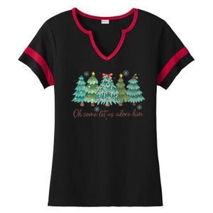 Oh Come Let Us Adore Him Funny Christian Christmas Tree Bow Ladies Halftime Notch Neck Tee