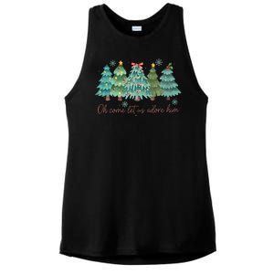 Oh Come Let Us Adore Him Funny Christian Christmas Tree Bow Ladies PosiCharge Tri-Blend Wicking Tank