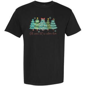 Oh Come Let Us Adore Him Funny Christian Christmas Tree Bow Garment-Dyed Heavyweight T-Shirt