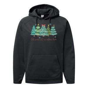 Oh Come Let Us Adore Him Funny Christian Christmas Tree Bow Performance Fleece Hoodie