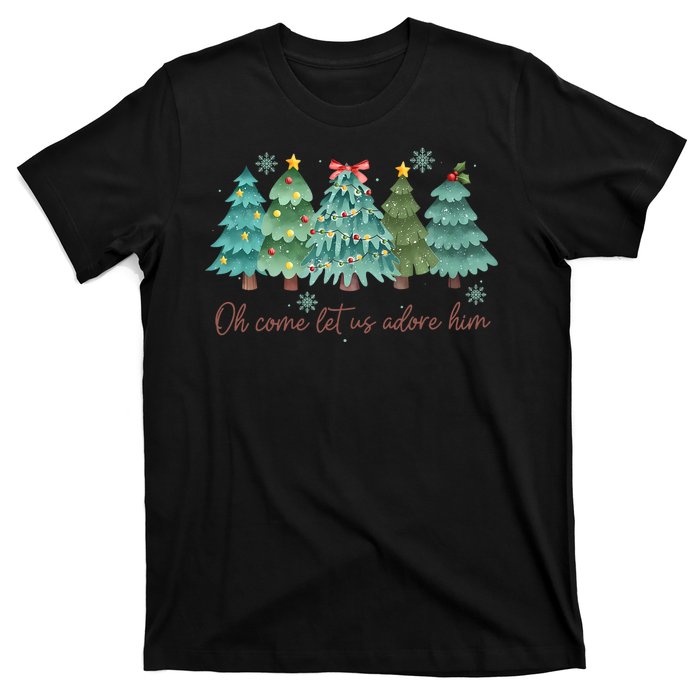 Oh Come Let Us Adore Him Funny Christian Christmas Tree Bow T-Shirt