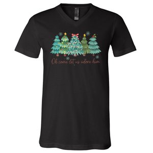 Oh Come Let Us Adore Him Funny Christian Christmas Tree Bow V-Neck T-Shirt