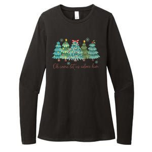 Oh Come Let Us Adore Him Funny Christian Christmas Tree Bow Womens CVC Long Sleeve Shirt