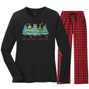 Oh Come Let Us Adore Him Funny Christian Christmas Tree Bow Women's Long Sleeve Flannel Pajama Set 