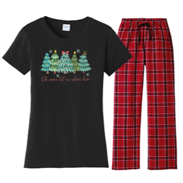 Oh Come Let Us Adore Him Funny Christian Christmas Tree Bow Women's Flannel Pajama Set