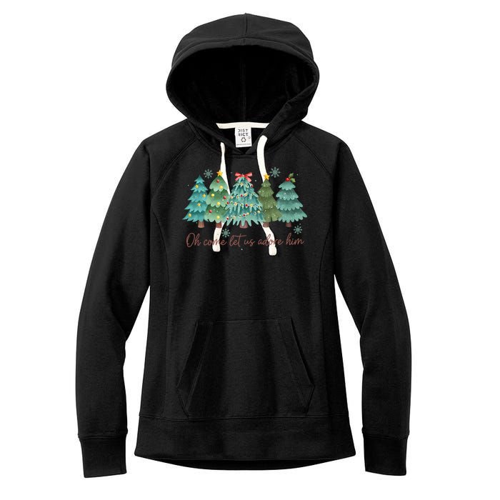 Oh Come Let Us Adore Him Funny Christian Christmas Tree Bow Women's Fleece Hoodie