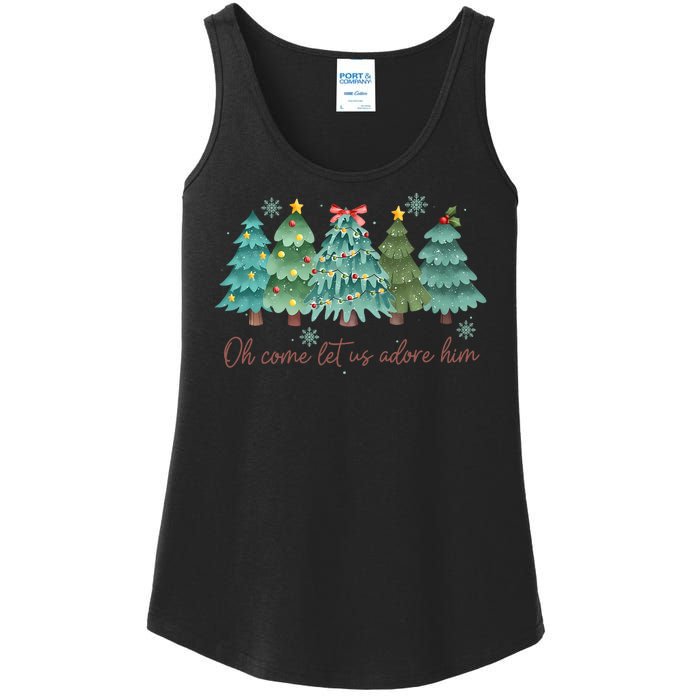 Oh Come Let Us Adore Him Funny Christian Christmas Tree Bow Ladies Essential Tank