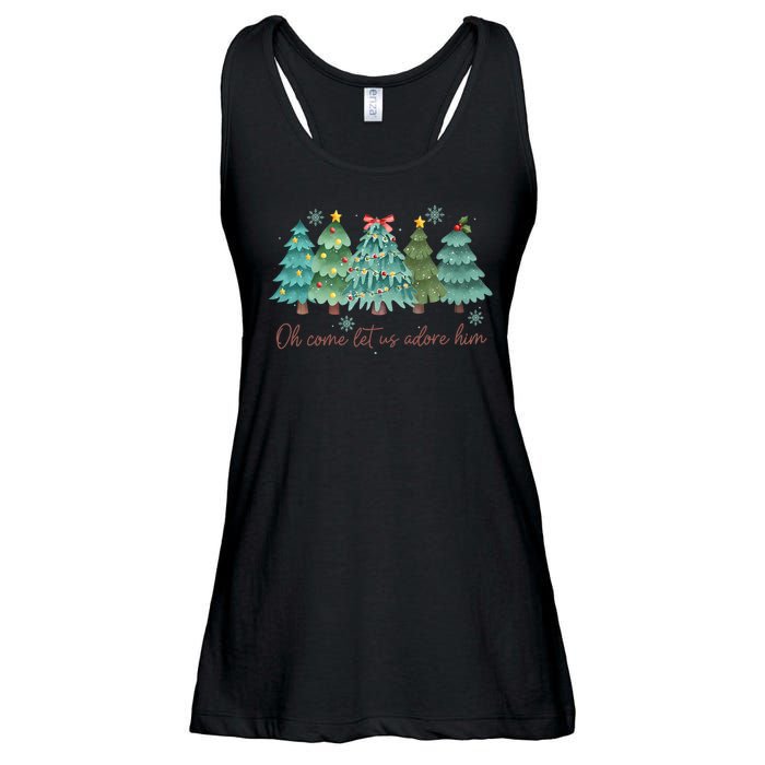 Oh Come Let Us Adore Him Funny Christian Christmas Tree Bow Ladies Essential Flowy Tank