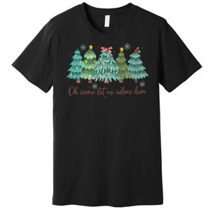 Oh Come Let Us Adore Him Funny Christian Christmas Tree Bow Premium T-Shirt