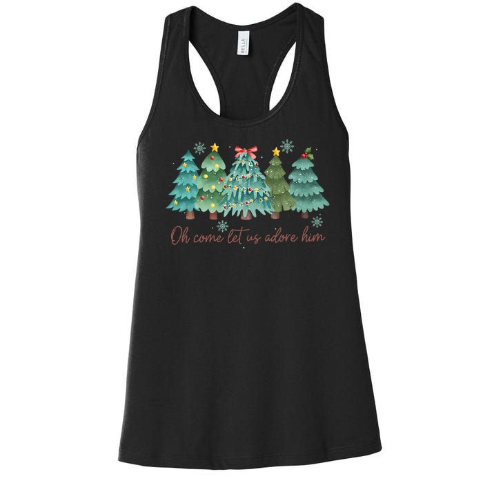 Oh Come Let Us Adore Him Funny Christian Christmas Tree Bow Women's Racerback Tank