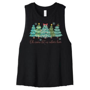 Oh Come Let Us Adore Him Funny Christian Christmas Tree Bow Women's Racerback Cropped Tank