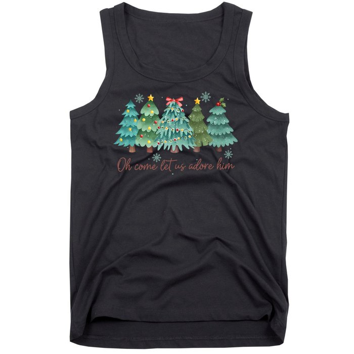 Oh Come Let Us Adore Him Funny Christian Christmas Tree Bow Tank Top