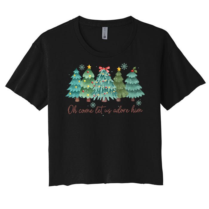 Oh Come Let Us Adore Him Funny Christian Christmas Tree Bow Women's Crop Top Tee