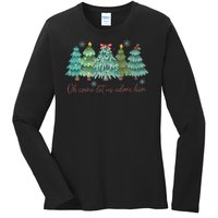 Oh Come Let Us Adore Him Funny Christian Christmas Tree Bow Ladies Long Sleeve Shirt