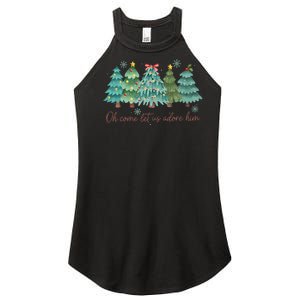 Oh Come Let Us Adore Him Funny Christian Christmas Tree Bow Women's Perfect Tri Rocker Tank