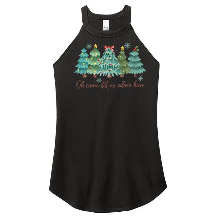 Oh Come Let Us Adore Him Funny Christian Christmas Tree Bow Women's Perfect Tri Rocker Tank