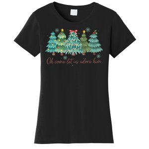 Oh Come Let Us Adore Him Funny Christian Christmas Tree Bow Women's T-Shirt