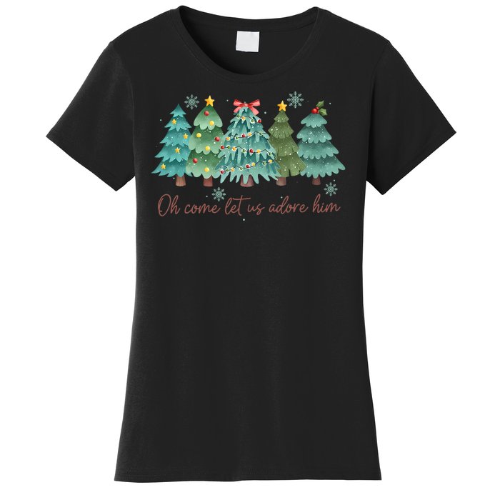 Oh Come Let Us Adore Him Funny Christian Christmas Tree Bow Women's T-Shirt