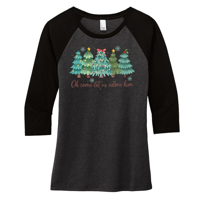 Oh Come Let Us Adore Him Funny Christian Christmas Tree Bow Women's Tri-Blend 3/4-Sleeve Raglan Shirt