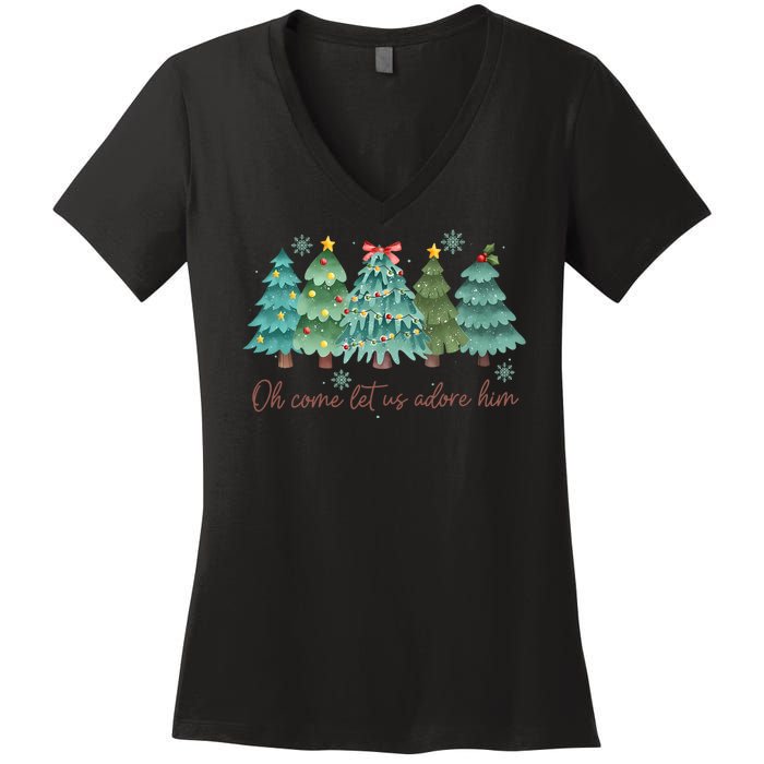 Oh Come Let Us Adore Him Funny Christian Christmas Tree Bow Women's V-Neck T-Shirt