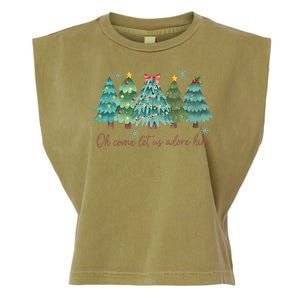 Oh Come Let Us Adore Him Funny Christian Christmas Tree Bow Garment-Dyed Women's Muscle Tee