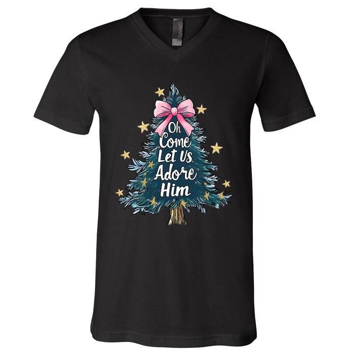 Oh Come Let Us Adore Him Christmas Nativity Christian Jesus V-Neck T-Shirt