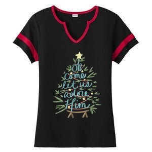 Oh Come Let Us Adore Him Christian Jesus Christmas Pajamas Ladies Halftime Notch Neck Tee