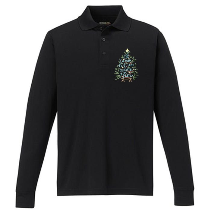 Oh Come Let Us Adore Him Christian Jesus Christmas Pajamas Performance Long Sleeve Polo