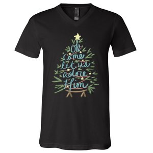 Oh Come Let Us Adore Him Christian Jesus Christmas Pajamas V-Neck T-Shirt