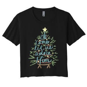 Oh Come Let Us Adore Him Christian Jesus Christmas Pajamas Women's Crop Top Tee