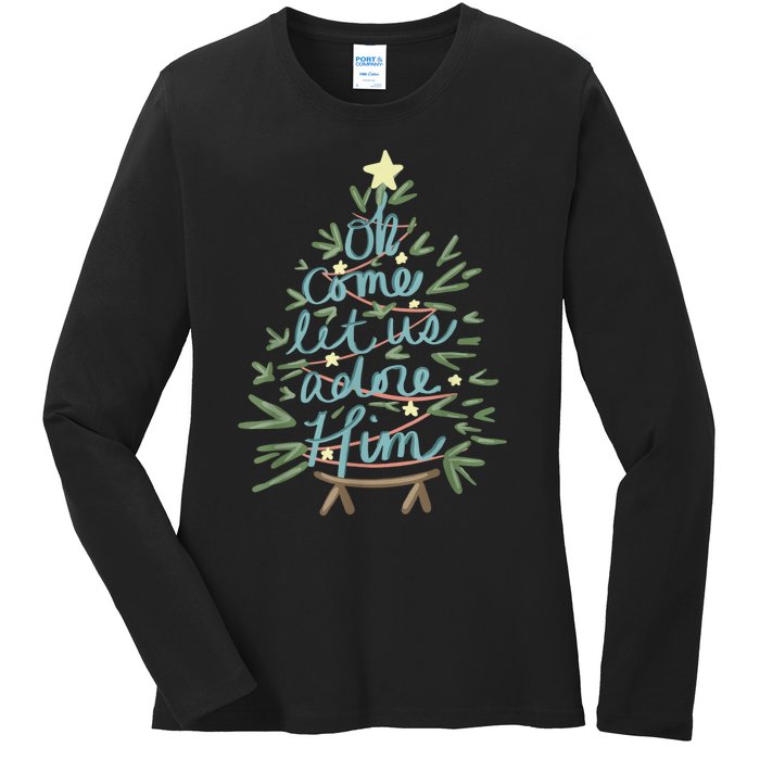 Oh Come Let Us Adore Him Christian Jesus Christmas Pajamas Ladies Long Sleeve Shirt