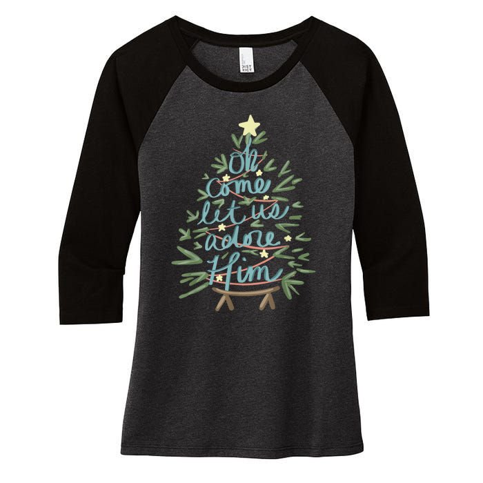 Oh Come Let Us Adore Him Christian Jesus Christmas Pajamas Women's Tri-Blend 3/4-Sleeve Raglan Shirt